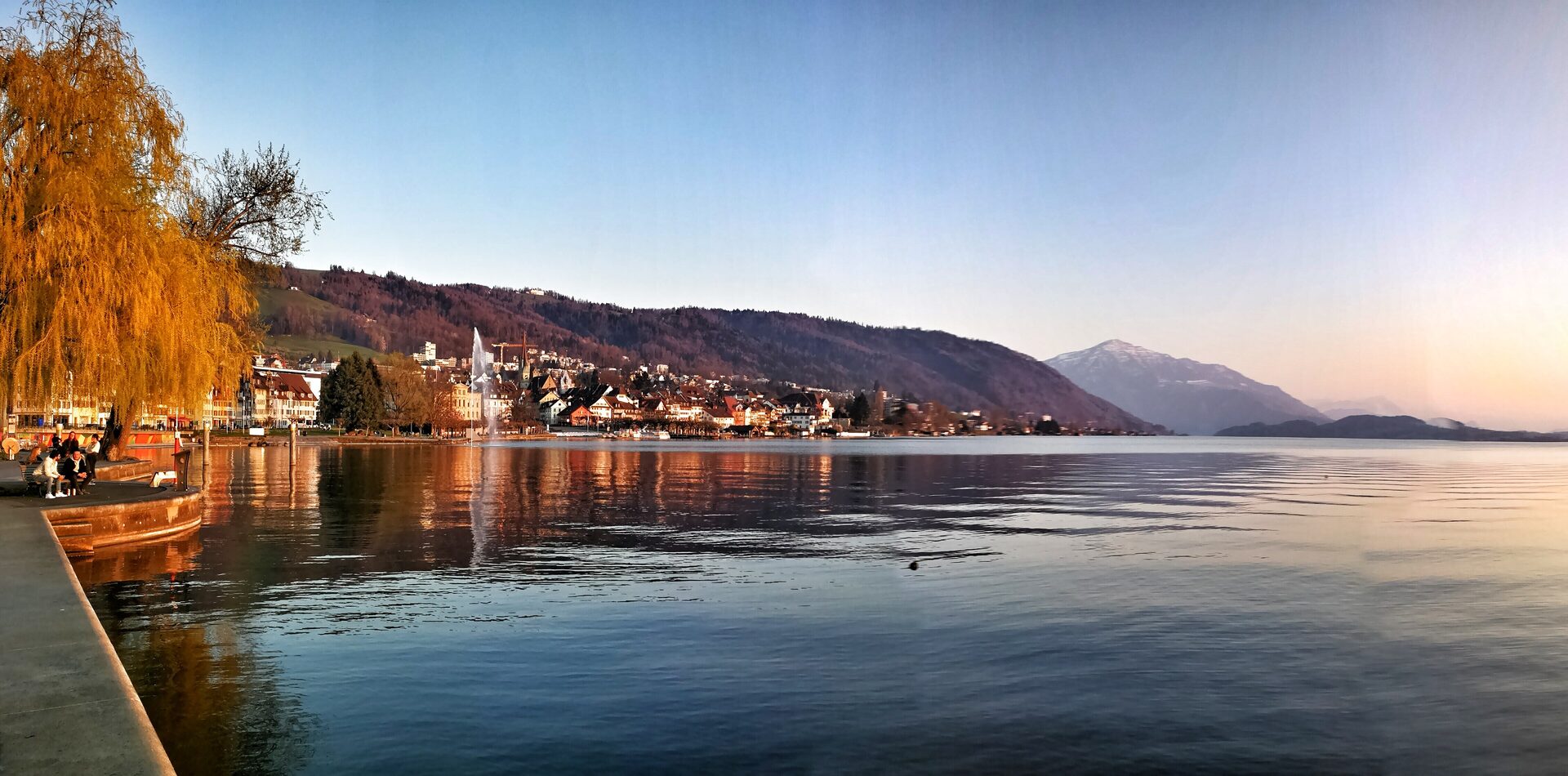 The town of Zug on Lake Zug at dawn, with Mount Rigi in the background